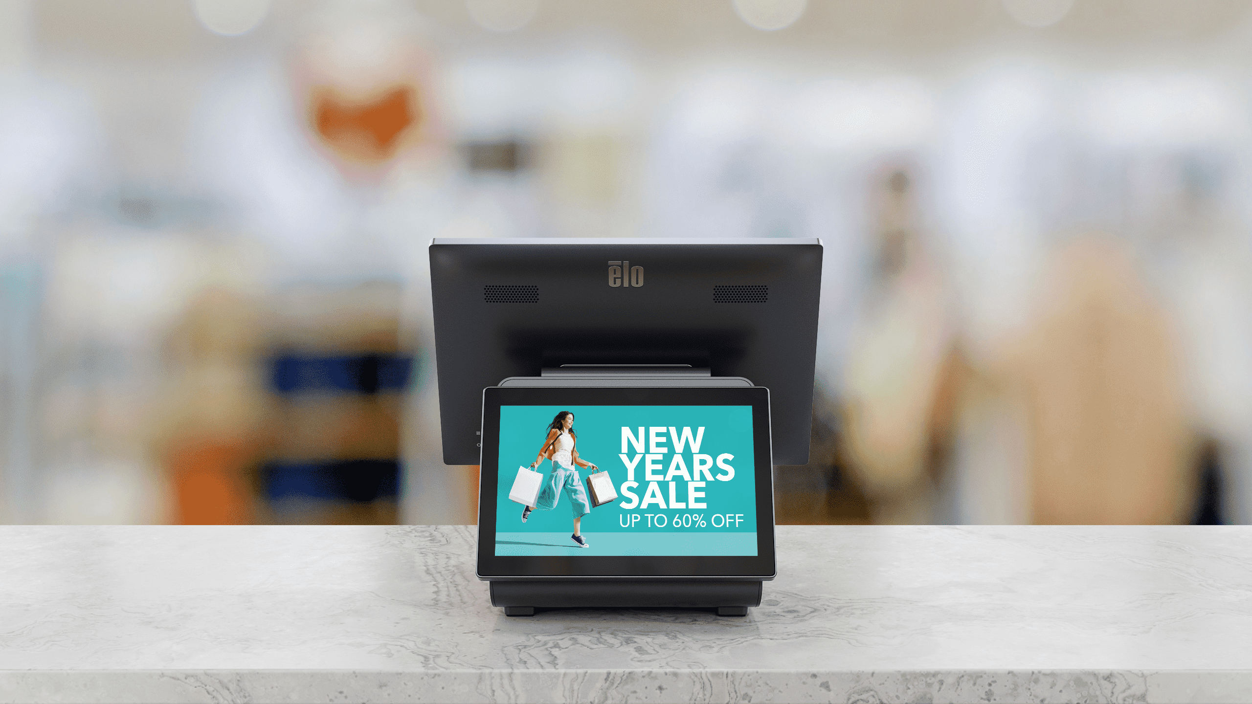 7-inch-touchscreen-monitor paired with POS terminal for CFD use Image of razor-thin 7-inch touch screen monitor used as a customer facing display with a POS system